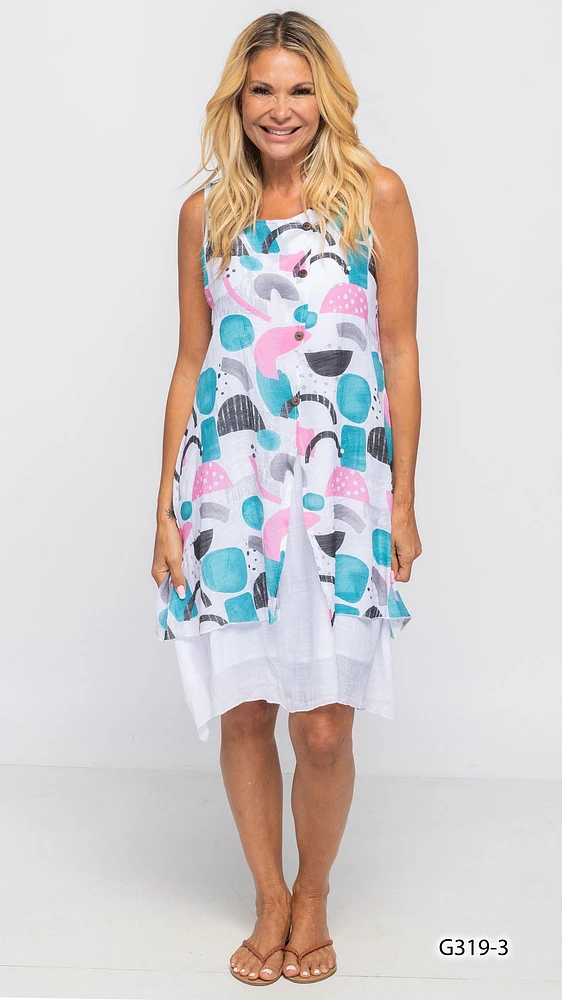 WHITE / PINK /TEAL CUSTOM PRINT MORDEN DRESS PRINT-3