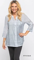 Mesh Style Button Down Top with Embellished Pocket