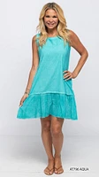 Aqua Plain Sleeveless Dress with Frill