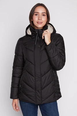 Quilted polyfill jacket with removable hood