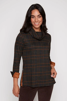 Plaid knit top with zipper detail