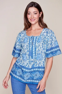 Border print poplin blouse