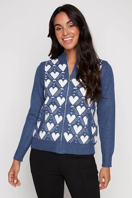 Heart pattern zip front cardigan