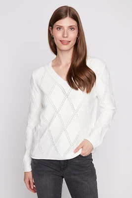 Diamond pointelle front sweater