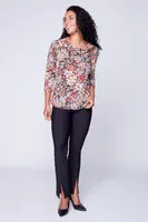 Floral pleated neck soft knit top