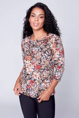 Floral pleated neck soft knit top