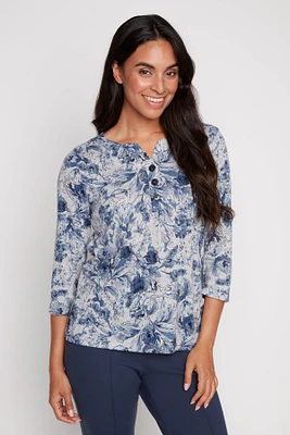 Leaf print henley top