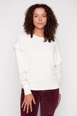 Embroidered balloon sleeve cotton blend sweater