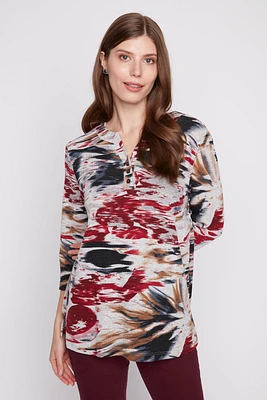 Henley abstract print knit top