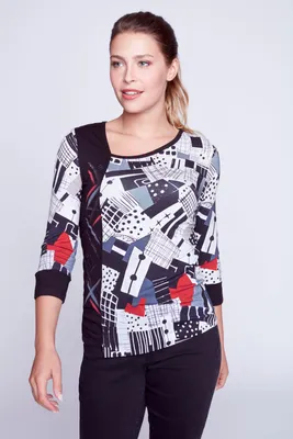 Asymetric front printed knit top