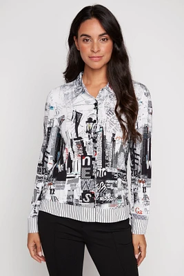 City print knit blouse