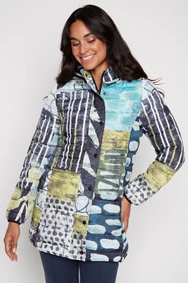 Printed quilt hooded long jacket