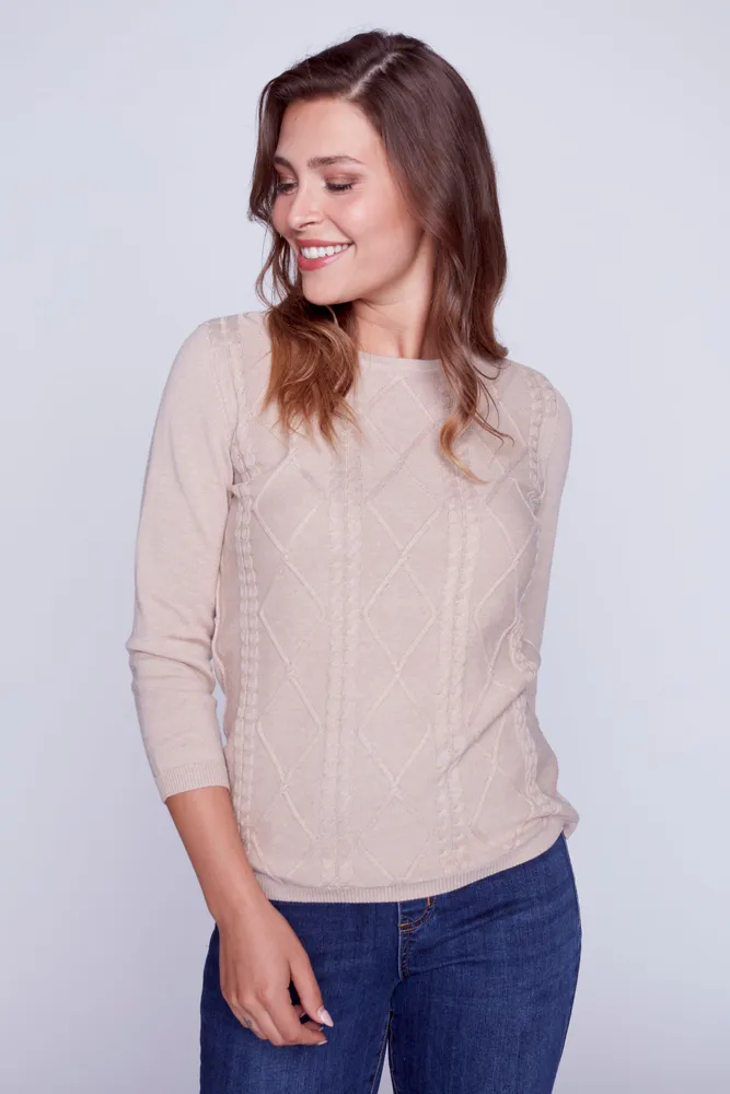 Cotton blend front cable sweater