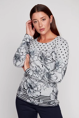 Dot and floral pattern knit top