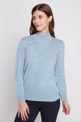 Mock neck cable front cotton blend sweater