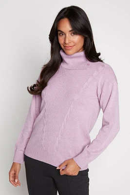 Split neck cable front cotton blend sweater