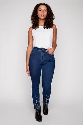 Embroidered hem straight leg jean