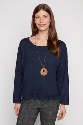 Ruffle trim top with necklace