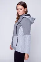 Color block mix media hooded quilt jacket