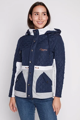 Color block mix media quilted jacket