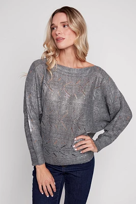 Pointelle metallic front sweater