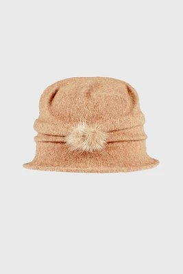 Pleated boiled wool cloche with fur pom detail