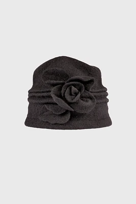 Boiled wool hat with flower and pleat detail