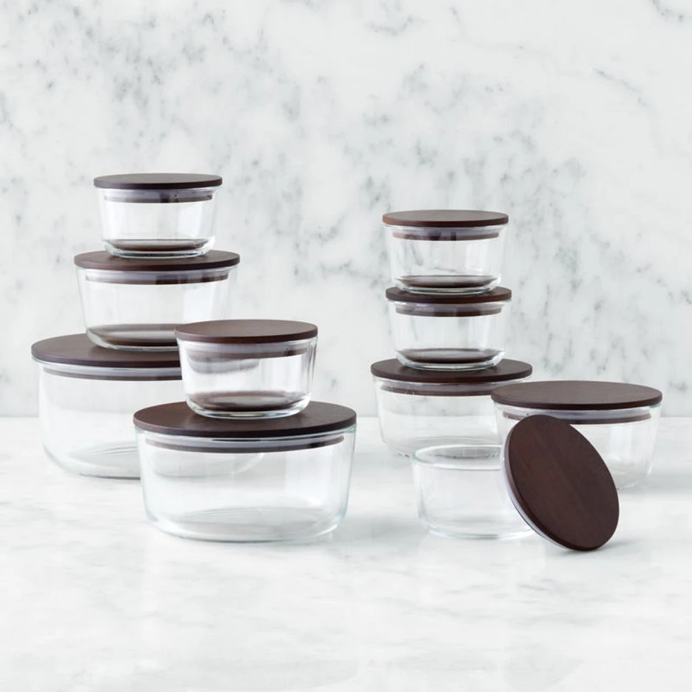 Crate & Barrel -Piece Round Glass Storage Containers with Dark Wood Lids