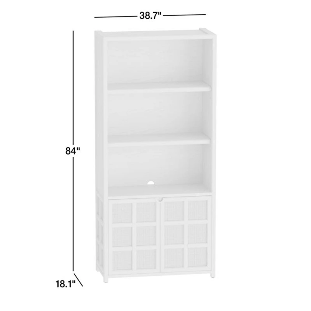 Campagna 93" Rattan and Natural Oak Wood 3-Shelf Storage Bookcase Cabinet