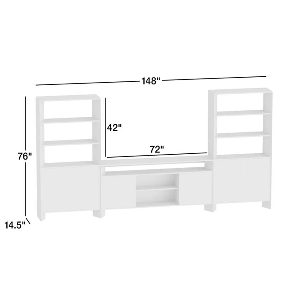 Terrazza 72" Natural Solid Oak Wood Storage Media Console with 2 Storage Bookcases
