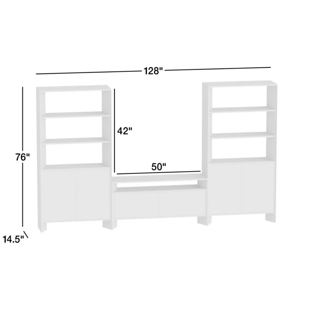 Terrazza 52" Natural Solid Oak Wood Storage Media Console with 2 Storage Bookcases
