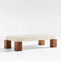 Dualité Travertine and Burl Wood Block Leg 53" Coffee Table by Athena Calderone