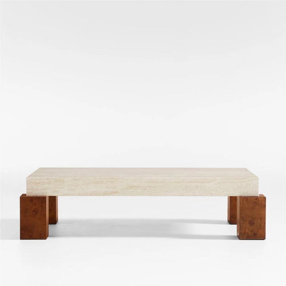 Dualité Travertine and Burl Wood Block Leg 53" Coffee Table by Athena Calderone