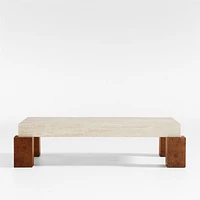 Dualité Travertine and Burl Wood Block Leg 53" Coffee Table by Athena Calderone