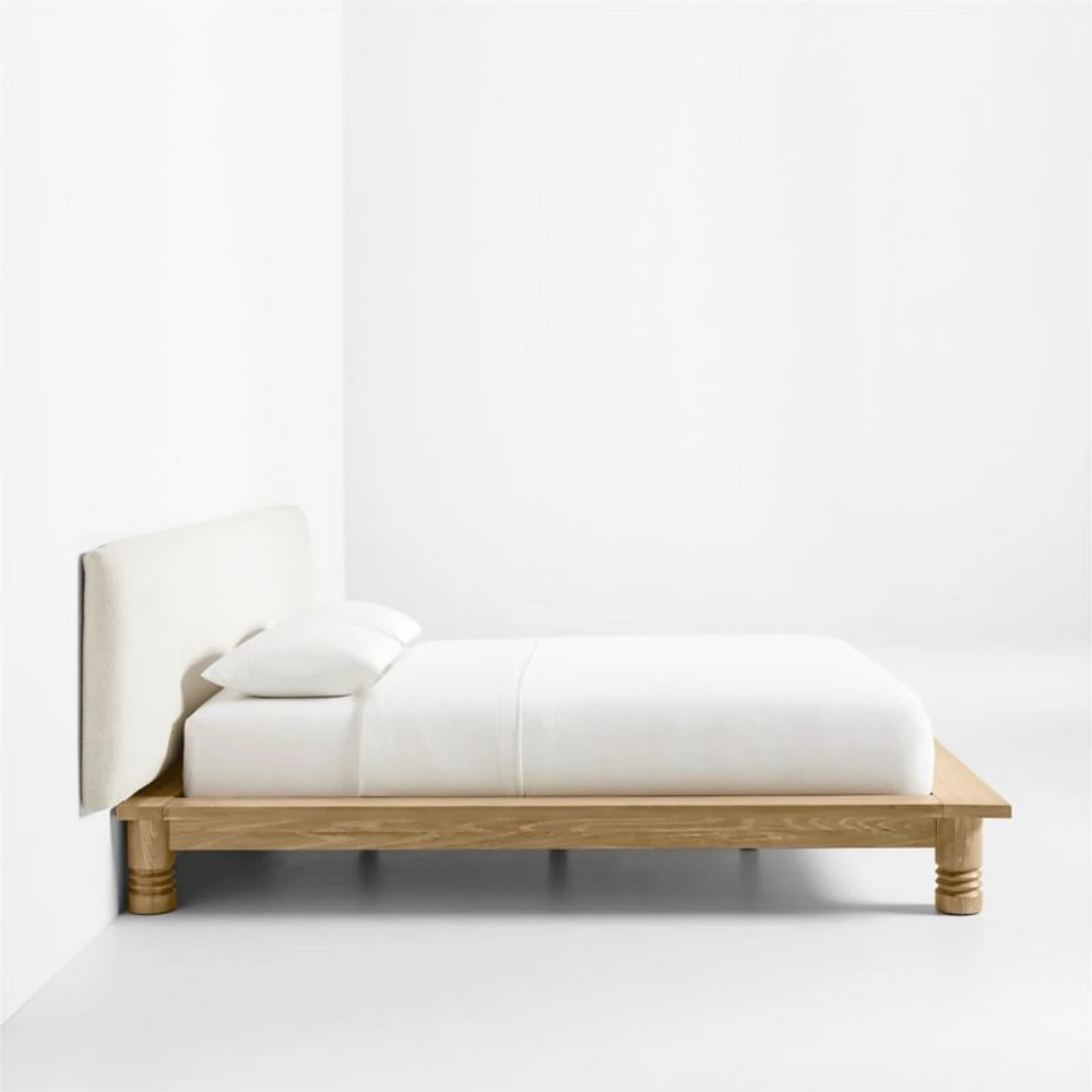 Revival Oak Wood Platform Queen Bed with Upholstered Headboard by Athena Calderone
