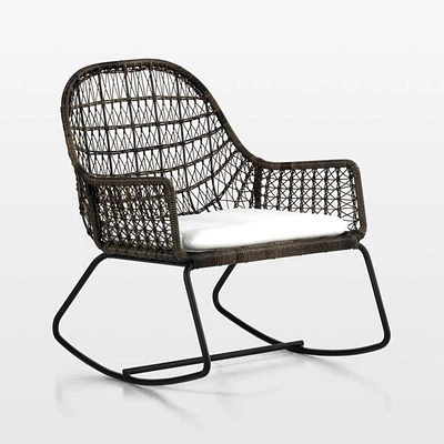 Abie Black Wicker Outdoor Rocking Chair with White Cushion