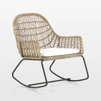 Abie Natural Beige Wicker Outdoor Rocking Chair with White Cushion
