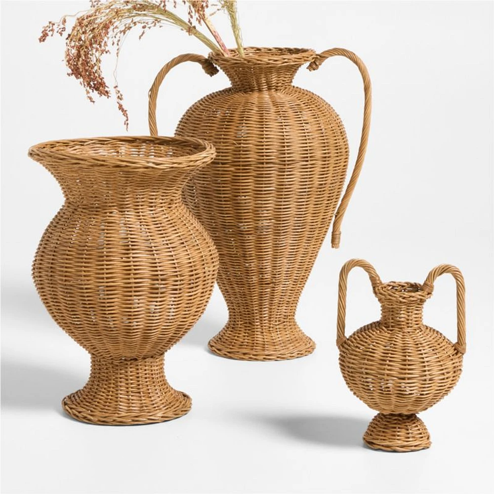 Alford Small Brown Woven Rattan Double Handle Vase 12"