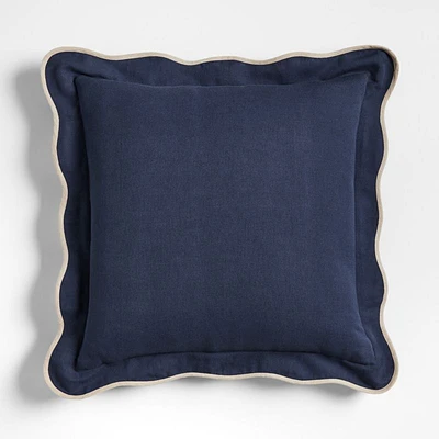 Amalfi Cotton Linen Scallop Edge 23''x23 Deep Indigo Blue Throw Pillow Cover