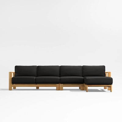Anguilla Teak -Piece Right-Arm Chaise Outdoor Sectional Sofa with Black Cushions