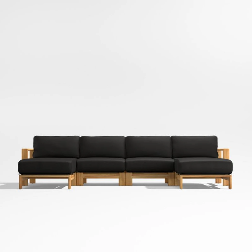 Anguilla Teak -Piece Double-Chaise Outdoor Sectional Sofa with Black Cushions