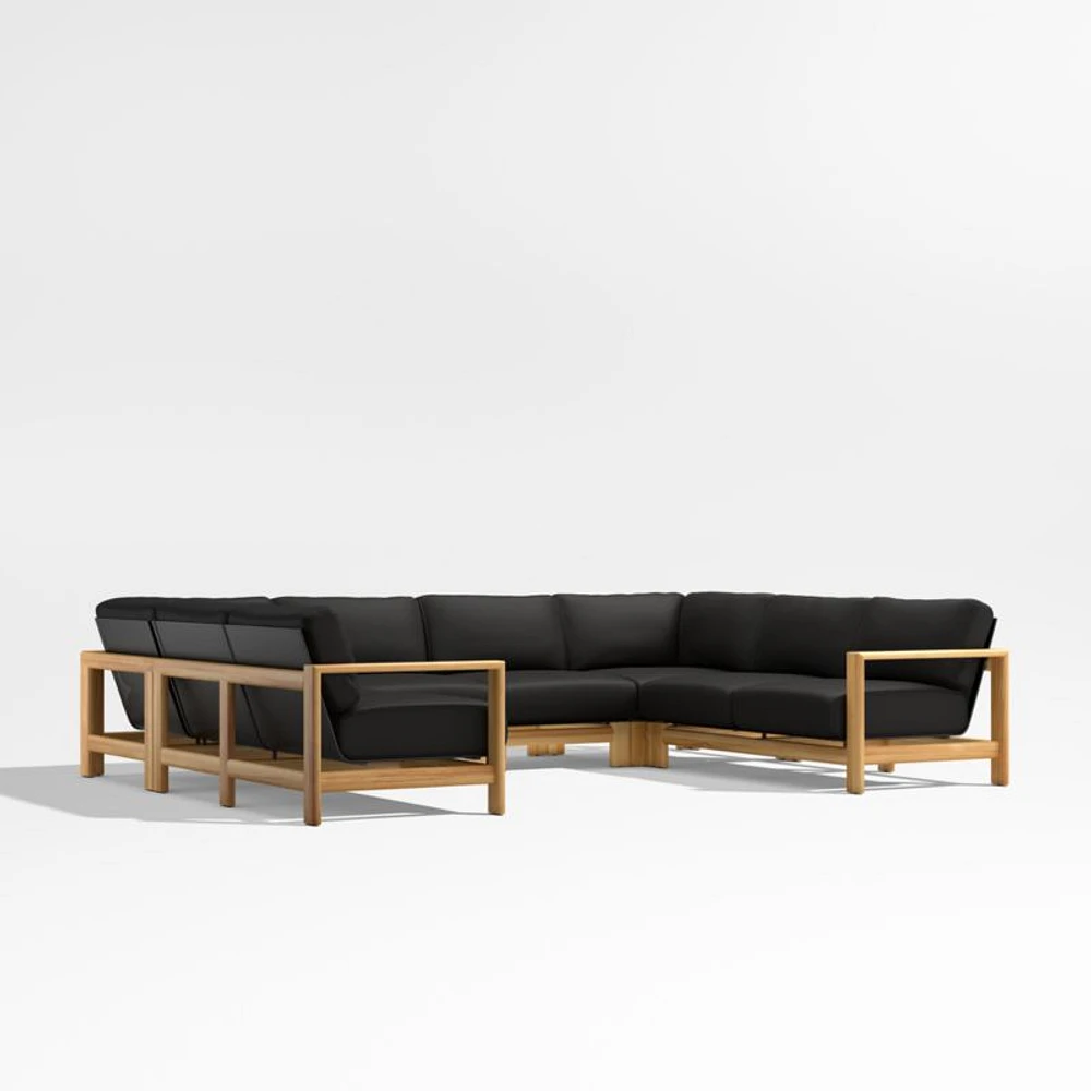 Anguilla Teak -Piece U-Shaped Outdoor Sectional Sofa with Black Cushions