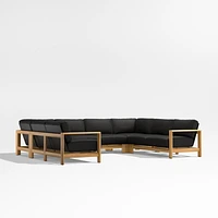 Anguilla Teak -Piece U-Shaped Outdoor Sectional Sofa with Black Cushions