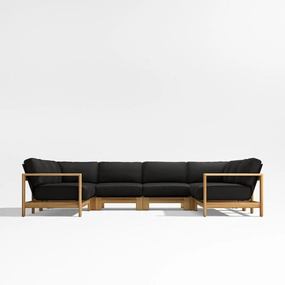 Anguilla Teak -Piece U-Shaped Outdoor Sectional Sofa with Black Cushions