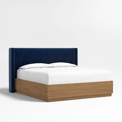 Arden 52" Navy Upholstered King Headboard with Batten Brown Oak Storage Bed Base