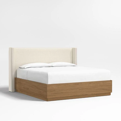 Arden 52" Ivory Upholstered King Headboard with Batten Brown Oak Storage Bed Base