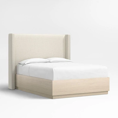 Arden 60" Natural Beige Upholstered Queen Headboard with Batten White Oak Storage Bed Base