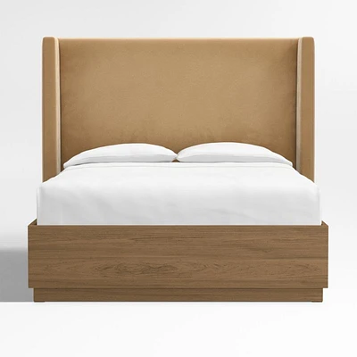 Arden 60" Camel Brown Upholstered Queen Headboard with Batten Brown Oak Storage Bed Base