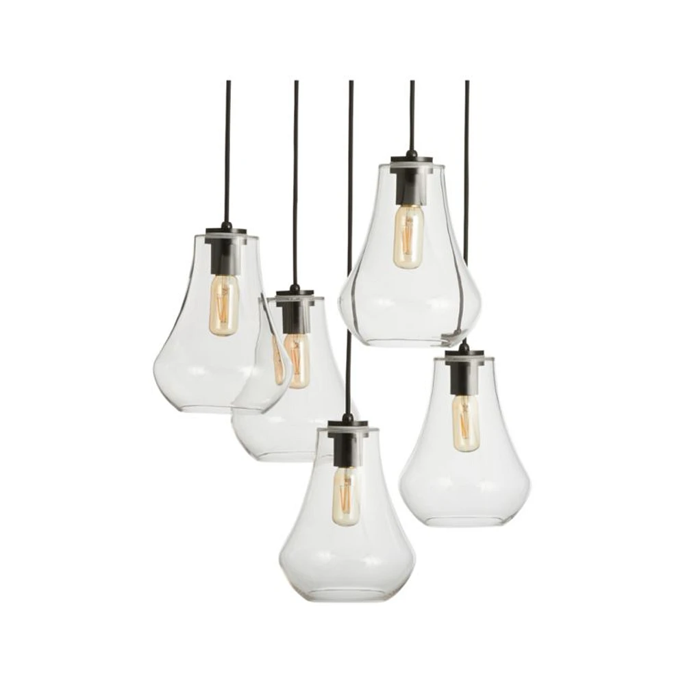Arren Black 5-Light Round Pendant with Teardrop Clear Glass Shades