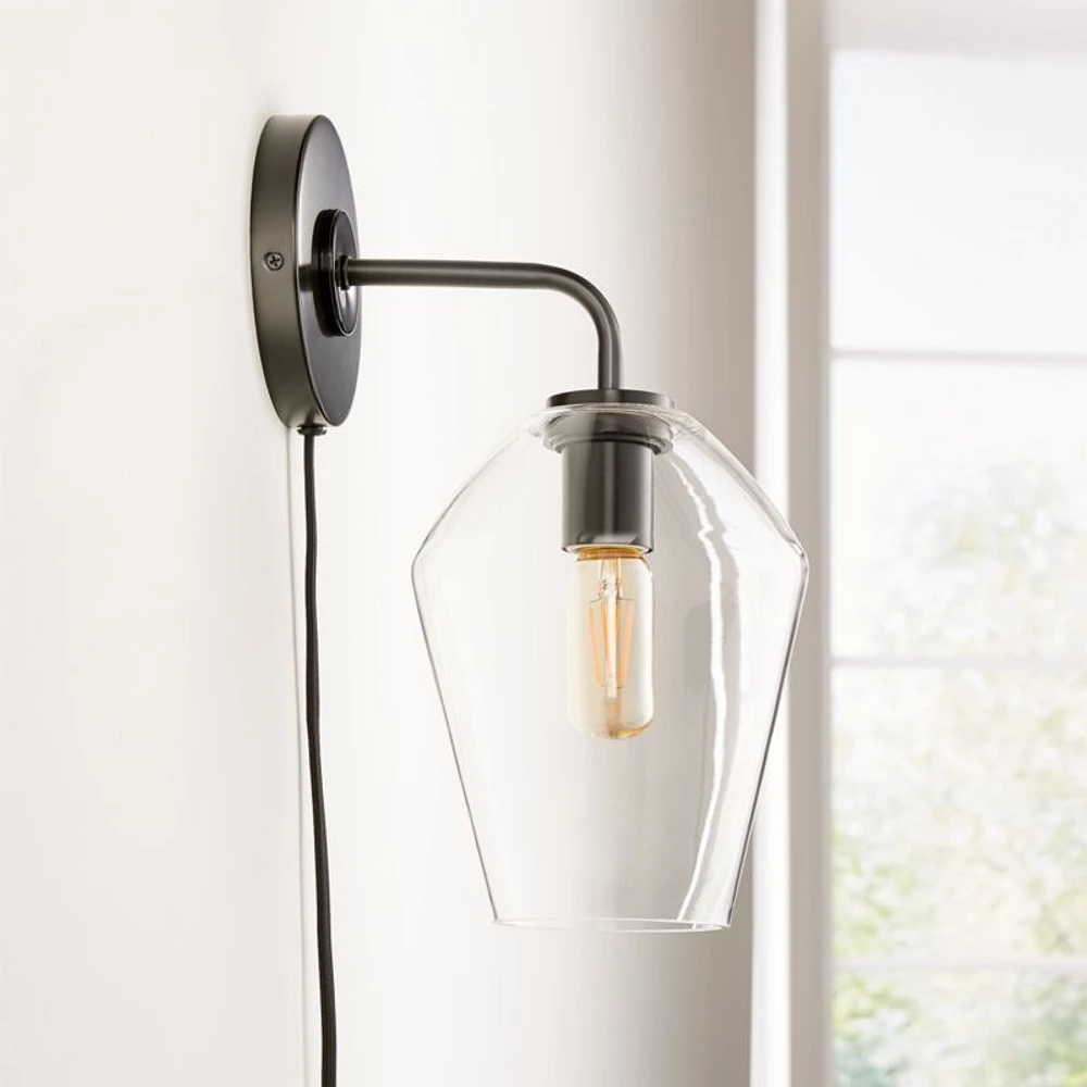 Arren Black Plug In Wall Sconce Light with Clear Angled Shade